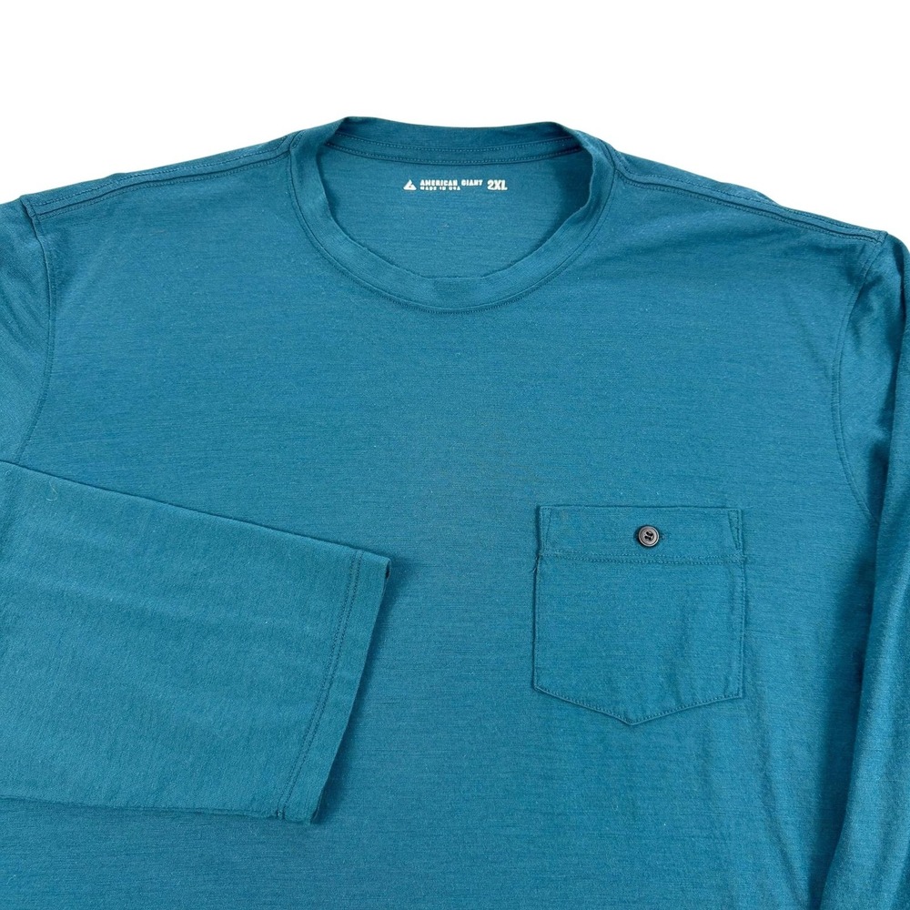 American‎ Giant Shirt Mens 2XL Blue Merino Wool Long Sleeve Pocket USA Crewneck